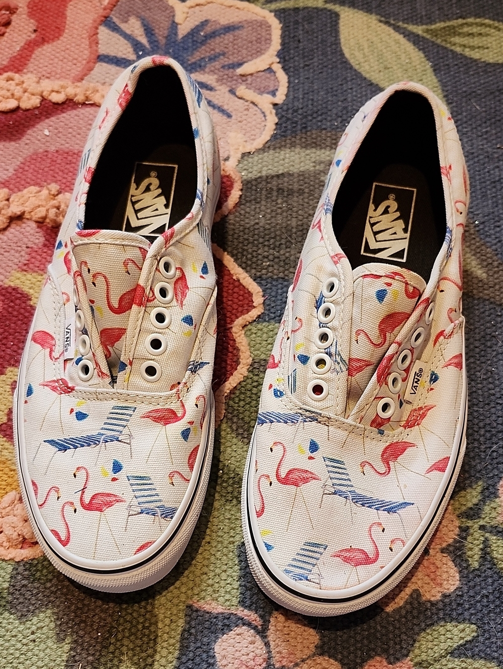 Vans White Slip-On Sneakers with Pink Flamingo Print